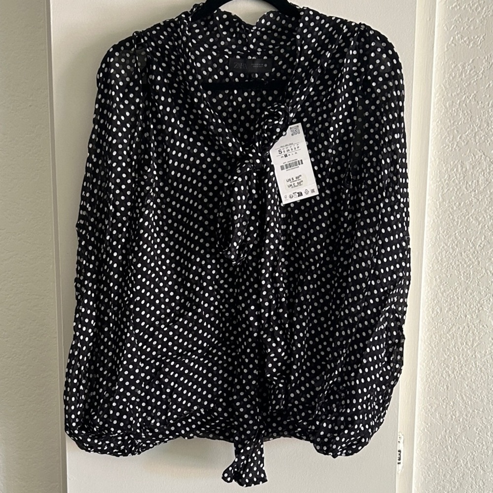 Black Polka Dot Tie-Neck Blouse - Women's Top